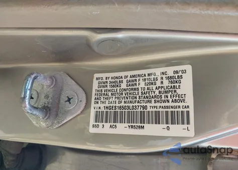 2003 Honda Civic Lx из США, поврежденный, VIN 1HGES16503L037790